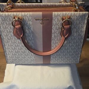 Michael Kors Pink and Cream Signature Stripe Satchel